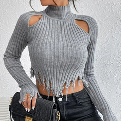 Pydshop Knitted Sweater Women High Collar Long Sleeve Worn Sexy Hollow Out Pullover Spring High Street Navel Y2K Sweaathers Tops
