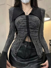 Pydshop American Irregular Slim Fit Split Tops Mujer Early Autumn New Long Sleeve T-shirt for Women Y2k Lapel Neck Drawstring Tee Shirt