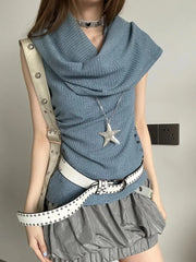 Pydshop Fashion Simple Slash Neck Hooded Tank Top 2024 Summer New Knitted Vest for Women Y2k E-Girl Sleeveless Bottoming Tops Mujer