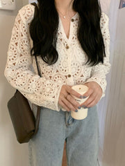 Hollow Out Lace Blouses Women Elegant Casual Long Sleeve Knitwear Tops Ladies Korean Fashion Sweet Vintage Hook Flowers Cardigan