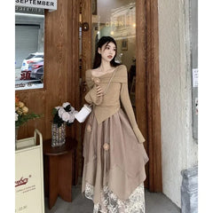 Pydshop Fashion Irregular Long Sleeve Slim Fit Tops Women+ Y2k E-Girl High Waist Ruched A-line Skirts 2024 Autumn Two Piece Sets