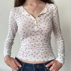 Pydshop 2024 Fashion Woman tops y2k style White Small Flowers Printed Slim Button Top