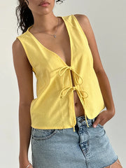 Pydshop Women Bow Ties Sleeveless Crop Top Retro Strappy Tank Top Summer Short Vest Fashion Streetwear Y2k Tops