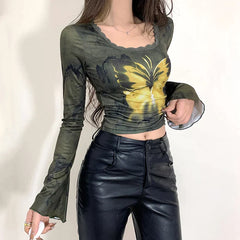 Pydshop 2024 Fashion Woman tops y2k style Vintage Butterfly Printed Flare Sleeve Crop Top