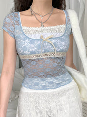 Y2k Vintage Bow T Shirt Women Summer Korean Fashion Preppy Style Crop Top Bodycon Bandage Lace Patched Tees Sexy Streetwear