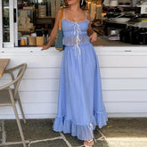 Pydshop Fairy Vintage Outfits Streetwear Elegant Holiday 2 Piece Ruffles Front Tie Up Crop Top Camis + High Waist A-line Maxi Long Skirt