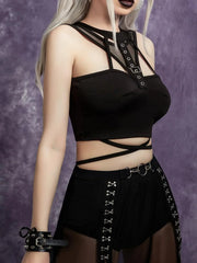 Pydshop Gothic Bandage Cut Out Tank Tops Goth Mall Grunge Fishnet Patchwork Buckle Sexy Crop Tops Sleeveless Bodycon Black Clothes