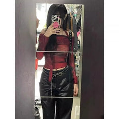 Pydshop American Sexy Print Slash Neck Halter T-shirts Y2k Grunge Mesh Long Sleeve Tee Shirt 2024 Summer New Slim Fit Tops Women