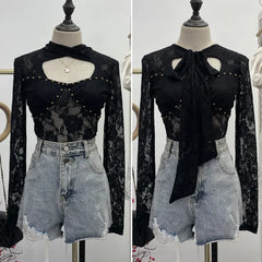 Pydshop Women's Retro Lace Ribbon Hollow Out Long Sleeve Top Sexy Slim Fitting Bottoming Shirt Y2K Palace Style Partyclub Streetwear