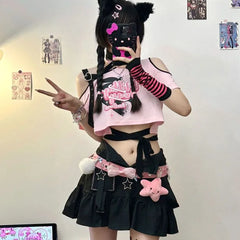 Pydshop American Sexy Hollow Out Black Pink T-shirts 2024 Summer New Print Tee Shirt Y2k Grunge Off Shoulder Short Sleeve Tops Women