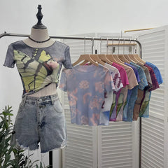 Pydshop Women's 2024 Retro Thin Mesh Butterfly Print Slim Short Sleeve T-Shirt Women's Summer Short Hot Girl Top Holiday Mini Summer Tee