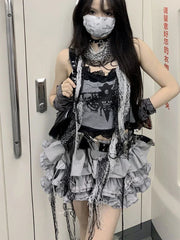 Pydshop Fashion Sweet Lace Slim Fit Camisole Tops Women+ Y2k Kpop High Waist Ruched Cake Skirts 2024 Summer New Two Piece Sets