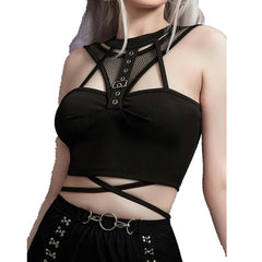 Pydshop Gothic Bandage Cut Out Tank Tops Goth Mall Grunge Fishnet Patchwork Buckle Sexy Crop Tops Sleeveless Bodycon Black Clothes