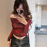 Pydshop American Sexy Print Slash Neck Halter T-shirts Y2k Grunge Mesh Long Sleeve Tee Shirt 2024 Summer New Slim Fit Tops Women