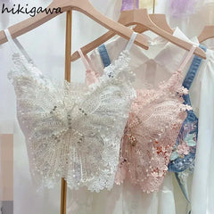 Pydshop Women Clothing Heavy Beading Floral Tank Sexy Crop Tops Ropa Mujer Lace Butterfly Top Navel Baring Sexy Cropped Top Summer Camis