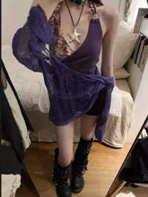 Pydshop American Retro Printed Patchwork Halter Camisole Vest+ Long Sleeve Hole Hollow Out Knitted Tops Women Summer New Two Piece Sets