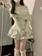 Pydshop Spring Autumn New Slash Neck Slim Fit Knitted Tops Women+ Y2k High Waist Lace Ruched Cake Skirts All-match Two Piece Sets