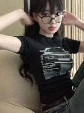 Pydshop American Retro Sweet O-neck Print T-shirts Summer Crop Top Slim Fit Black Tops Women Y2k E-Girl Short Sleeve Tee Shirt