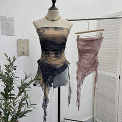 Pydshop Women's Tie Dye Ruffled Ribbon Mesh Tube Top Irregular Mesh Sleeveless Tube Top Sexy Backless Vest Party Leisure Essential Y2K