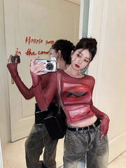 Pydshop 2024 Spring New O-neck Slim Fit Thin Tee Shirt Mesh Sun Protection Tops Women Y2k E-Girl Long Sleeve Bottoming T-shrits