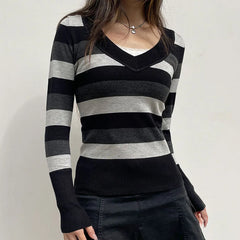Pydshop 2024 Fashion Woman tops y2k style Vintage V Neck Stripe Long Sleeves Sweater