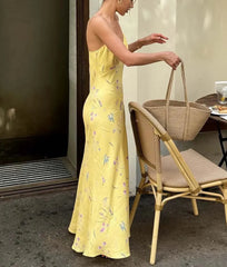 Yellow Print Elegant Spaghetti Strap Dress