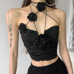 Pydshop Elegant Vintage Sexy Black Rose Halter Camisole Tops All-match Hollow Out Tank Top 2024 Summer New Slim Fit Vest for Women