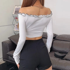 Pydshop Autumn White T-shirt Women New Long Sleeves Lace-up Slash Neck Crop Top Fashion Casual T Shirt Streetwear Sexy Slim Top Female