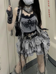 Pydshop Fashion Sweet Lace Slim Fit Camisole Tops Women+ Y2k Kpop High Waist Ruched Cake Skirts 2024 Summer New Two Piece Sets