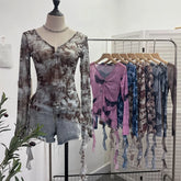 Pydshop Women's Sfumato Printed Mesh Thin Hot Girl Long Sleeve T-Shirt Irregular Ruffled Crop Top V Neck Summer Party Long Sleeve Shirt