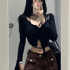 Pydshop Black Halter Two-piece Bottoming T-shirt for Women 2024 Summer New Tops Mujer Y2k Grunge Slim Fit Long Sleeve Tee Shirt