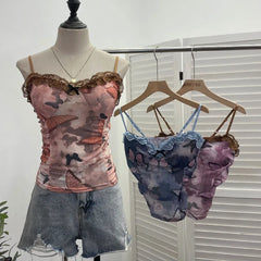 Pydshop Women Spaghetti Strap Lace Bow Slim Top Tie Dye Butterfly Print Tank Top Mesh Hot Girl Padded Tee Sexy Summer Vacation Y2K Vest