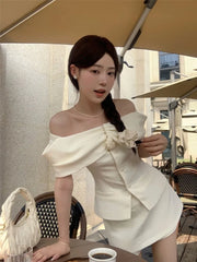 Pydshop Elegant Off Shoulder 3D Flower Slim Fit Tops Women+ Y2k E-Girl High Waist Bodycon Skirt Shorts 2024 Spring New Two Piece Sets