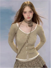 Pydshop 2024 spring Woman Korean Fashion Long Sleeve Cardigan Tops 90s Vintage Sweaters Mori Girl Square Collar Lace Spliced Knitwears