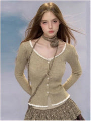 Pydshop 2024 spring Woman Korean Fashion Long Sleeve Cardigan Tops 90s Vintage Sweaters Mori Girl Square Collar Lace Spliced Knitwears