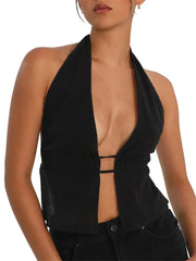 Pydshop Women's Halter Tank Tops Sleeveless Backless Split Front Ruched Drawstring Tops Y2k 2000s Clothes Streetwear