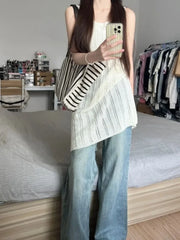 Pydshop 2024 Summer New All-match Knitted Tops Mujer Vintage Hollow Out Sleeveless Vest for Women Y2k Grunge Mid-length Loose Tank Top