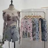 Pydshop Women's Vintage Tie Dye Print Long Sleeve T-Shirt Hot Girl Sexy See Through Mesh Bottoming Short Crop Top 2612 Party Essential