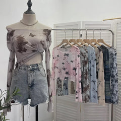 Pydshop Women's Vintage Tie Dye Print Long Sleeve T-Shirt Hot Girl Sexy See Through Mesh Bottoming Short Crop Top 2612 Party Essential