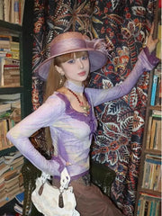 Pydshop 2024 Early Autumn New Bottoming Tops Mujer Purple Printed Lace Patchwork T-shirt for Women Y2k Slim Fit Long Sleeve Tee Shirt