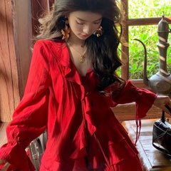 Pydshop Elegant V-neck Ruffles Long Sleeve Tops Women+ Y2k E-Girl High Waist Ruched A-line Skirts Spring New Red Two Piece Sets