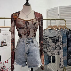 Pydshop Ladies Retro Elegant Square Neck Lace Spliced Tie Dye Mesh Long Sleeves Blouse Tight Hot Girl Short Top With Padded Breasts 1386