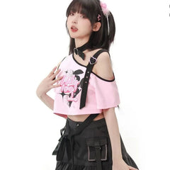 Pydshop American Sexy Hollow Out Black Pink T-shirts 2024 Summer New Print Tee Shirt Y2k Grunge Off Shoulder Short Sleeve Tops Women