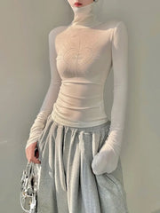 Pydshop All-match Print Diamond Slim Fit T-shirts Summer New Turtleneck Bottoming Tops Women Y2k Grunge Long Sleeve White Tee Shirt