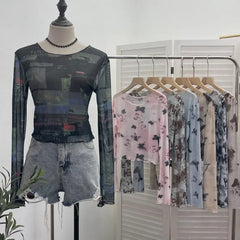 Pydshop Women's Vintage Tie Dye Print Long Sleeve T-Shirt Hot Girl Sexy See Through Mesh Bottoming Short Crop Top 2612 Party Essential