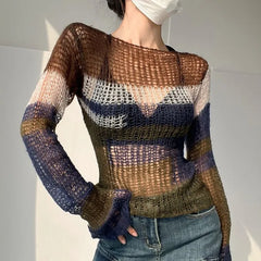 Pydshop 2024 Early Autumn New Sweaters Mujer Vintsge Street Sexy Striped Knitted Pullover Y2k Hollow Out Long Sleeve Tops Women