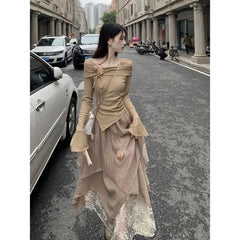 Pydshop Fashion Irregular Long Sleeve Slim Fit Tops Women+ Y2k E-Girl High Waist Ruched A-line Skirts 2024 Autumn Two Piece Sets