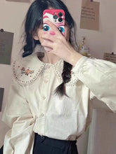 Pydshop Kawaii Shirt Women Floral Embroidery Peter Pan Collar Long Sleeve Blouse Japan Elegant Fashion Design Harajuku New Tops