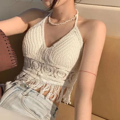 Pydshop Women Summer Short Vest Sexy Hollow Out Plain White Halter Vest Strap Crop Tops Crochet Bikini Tank Tops Shirt Hot Tank Top