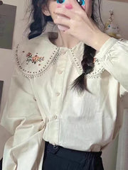 Pydshop Kawaii Shirt Women Floral Embroidery Peter Pan Collar Long Sleeve Blouse Japan Elegant Fashion Design Harajuku New Tops